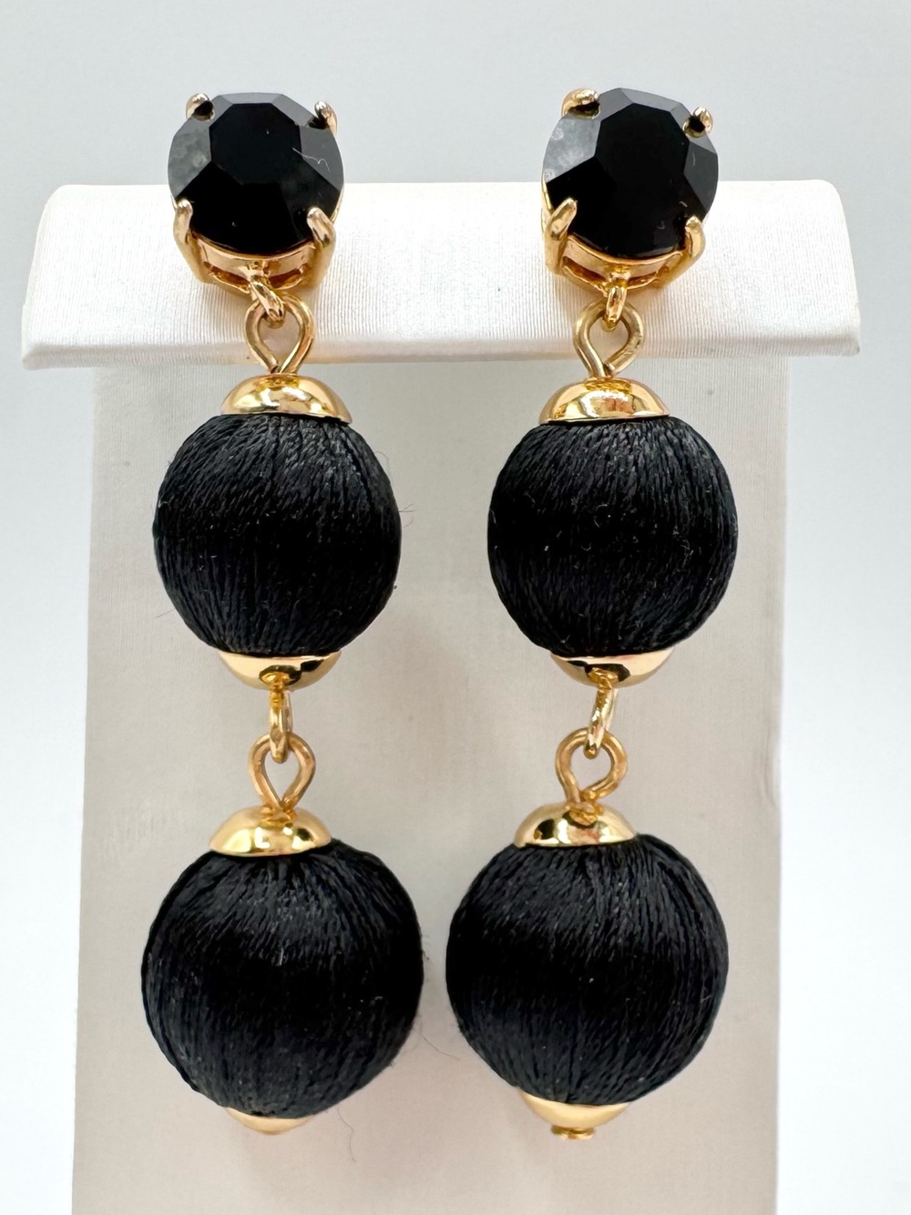 Kate Spade Black Thread Double Ball Drop Earrings With Black Rhinestone Signed